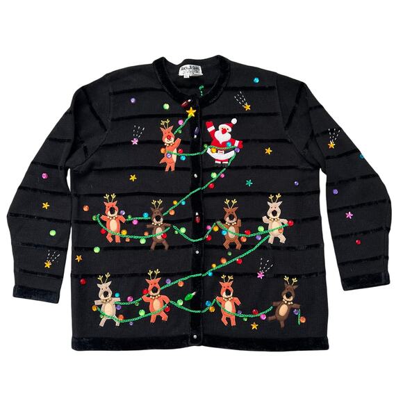 Jack B Quick Ugly Christmas Sweater Cardigan Reindeer Santa Medium Grandmacore - Picture 1 of 7